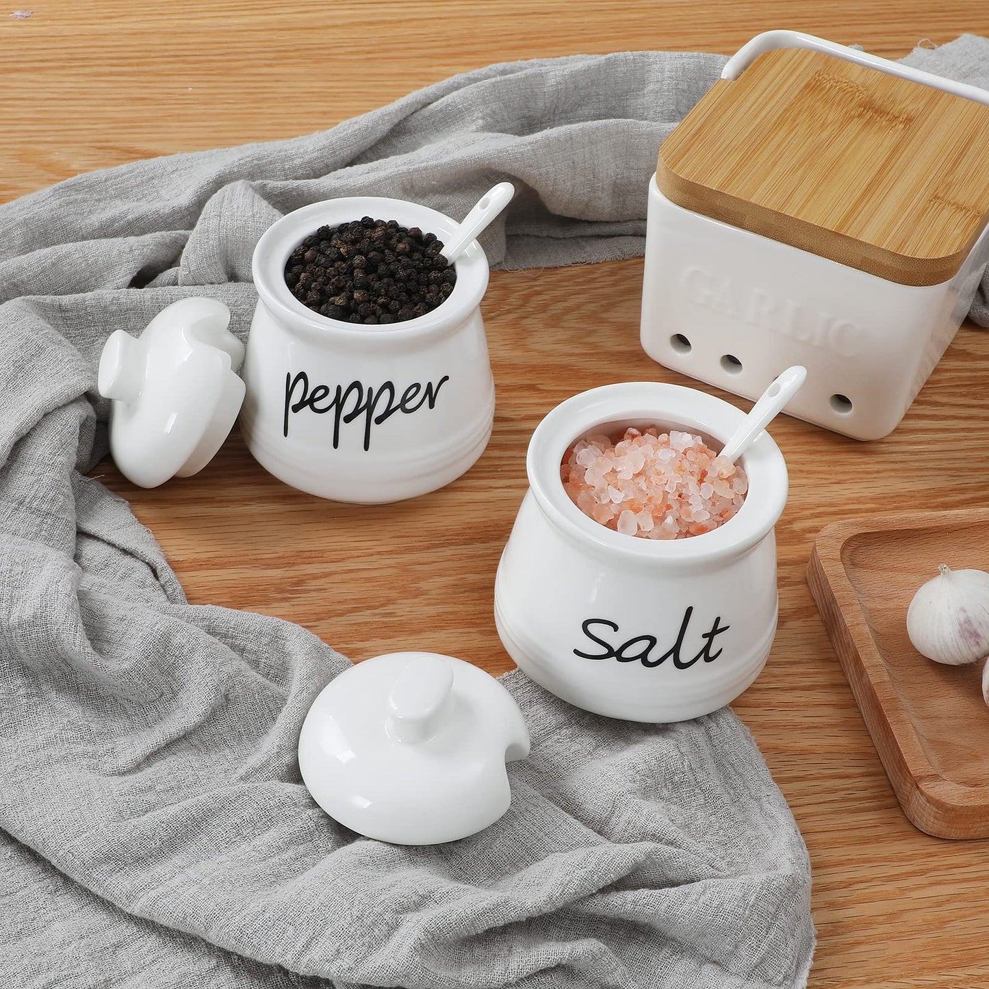 ONTUBE Ceramic Salt and Pepper Bowls with Lid and Spoon 12oz (White)