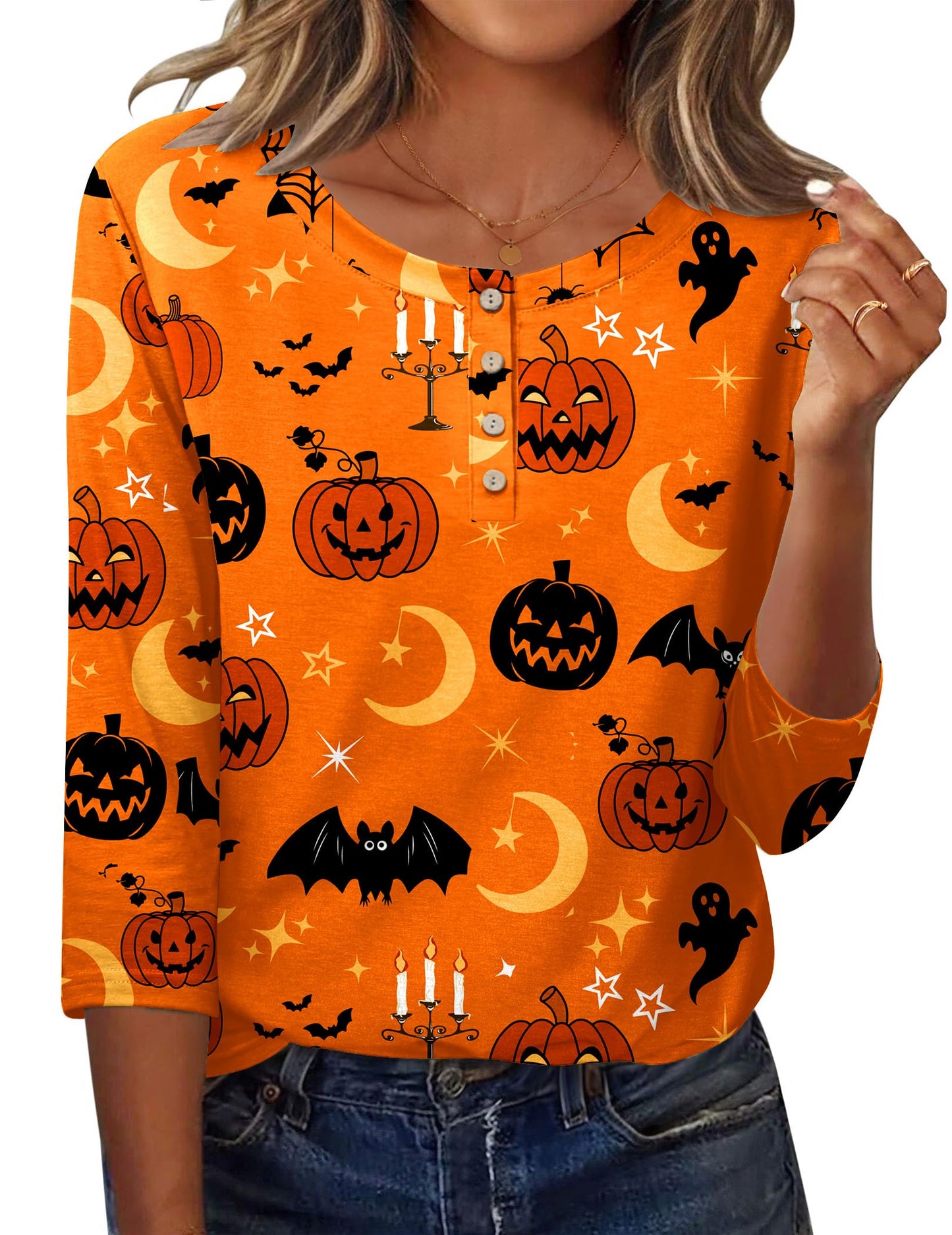 Zeagoo Halloween Shirts Round Neck T Shirts for Women 3/4 Sleeve Blouses Dressy Casual Fall Clothes 2025 Tunic Tops