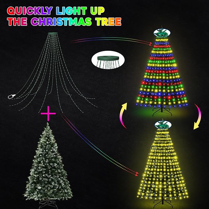 30+ Modes Ring Christmas Tree Lights Indoor Outdoor - 7.05Ft x 12 Lines 312 LED Easy App Control Color Changing Timer Remote Waterproof for 6 7 Ft Xmas Trees (Warm White to Multicolor)