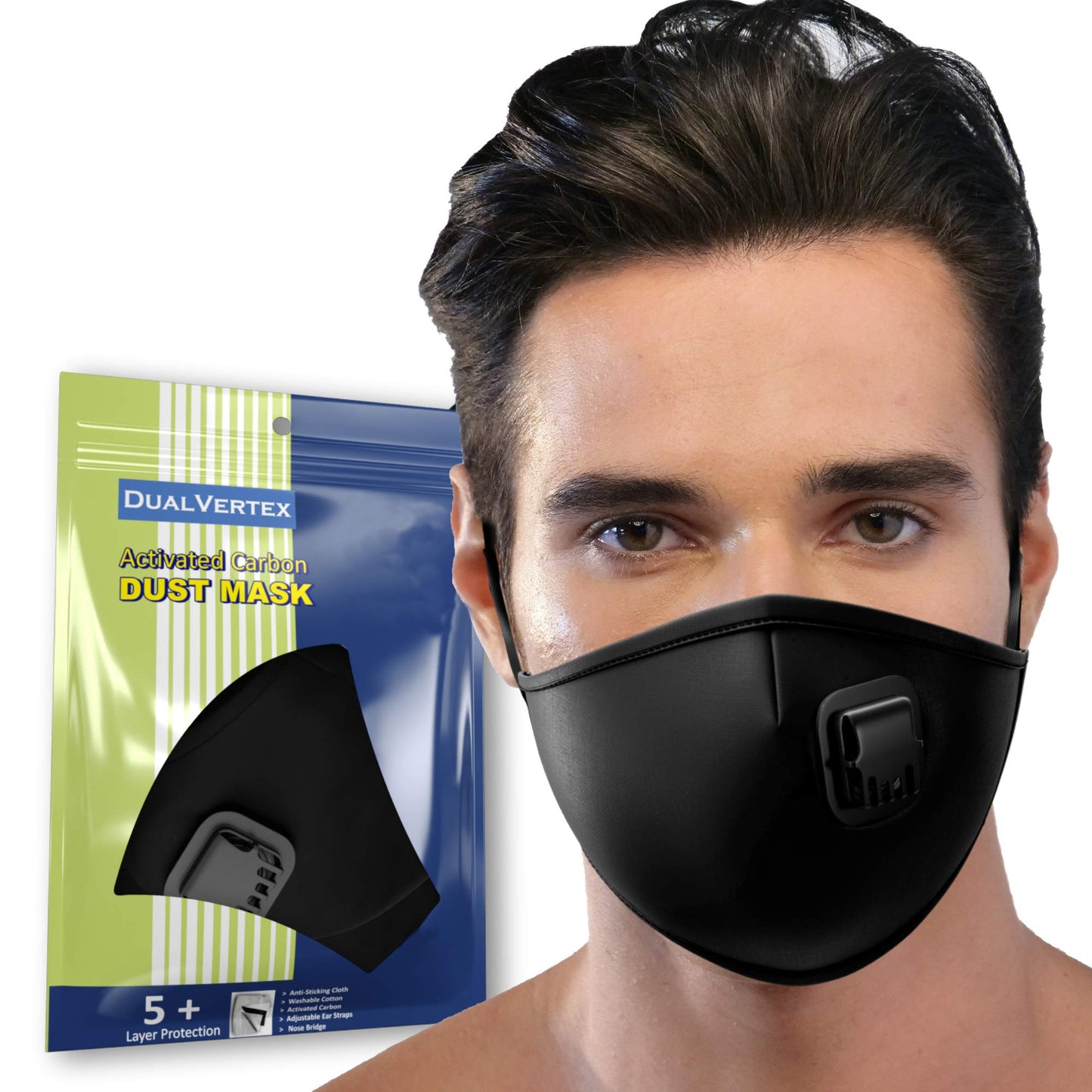 DualVertex Face Mask - Breathable With Filter, Cotton, Washable & Reusable - Adjustable Ear Straps, Nose Wire, Valve and Replaceable Filters