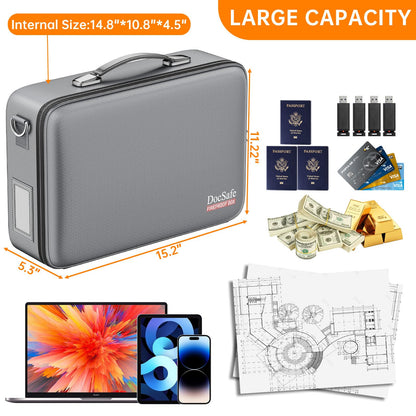 DocSafe Fireproof Document Box with Lock＆Shoulder Strap,Hard Case File Organizer with Accordion File Folder,Multi-Layer Portable Home Office Travel Safe Storage for Important Documents Laptop Gray