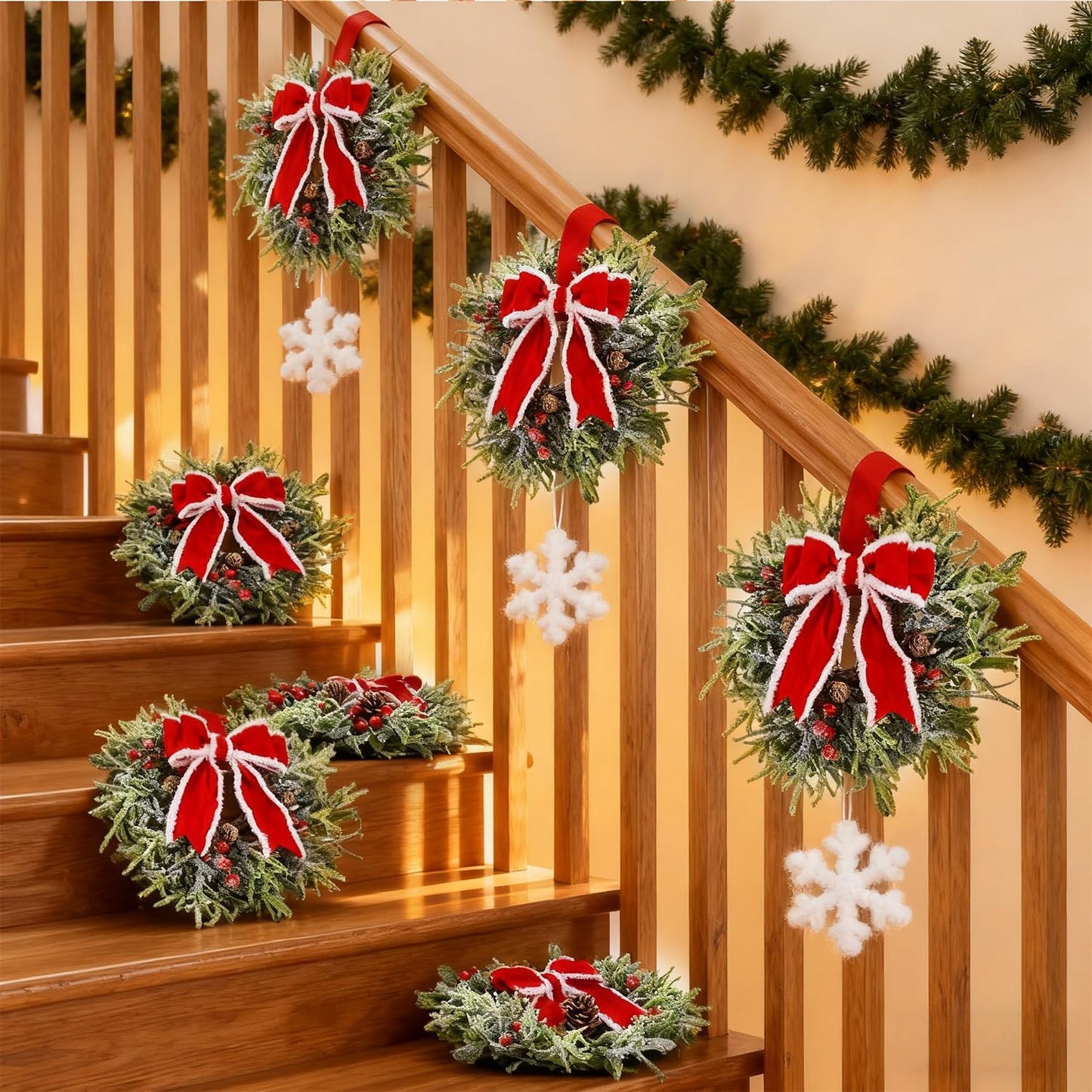 Hausse 6 Pcs Christmas Wreath, 12" Christmas Mini Wreaths for Cabinets with Red Bows, Artificial Small Xmas Wreaths Hanging Decoration Garlands for Kitchen Window Farmhouse Chair Wall Front Door