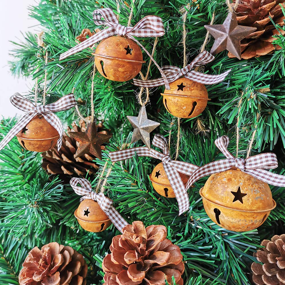 Winlyn 28 Pack Rusty Jingle Bells with Star Cutouts Christmas Sleigh Bells Rustic Metal Craft Bells Star Bells with Jute Rope Ribbon for Holiday Season Primitive Country Décor 3 Sizes 1.6" 2.4" 3.5"
