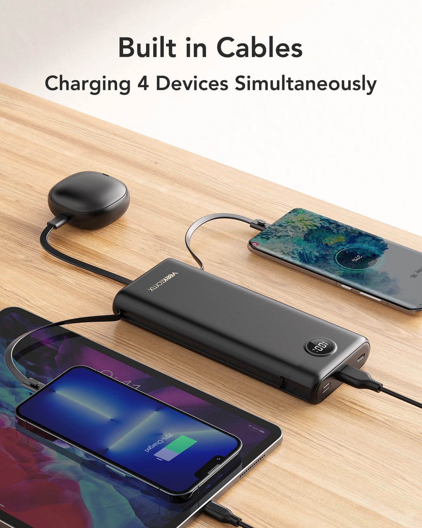 VEEKTOMX Portable Charger Built-in Cables,10000mAh Power Bank for iPhone,Fast Charge USB C Battery Pack Travel Essentials Powerbank Compatible with iPhone 17/16/15/14, Samsung S25/24, Android, etc
