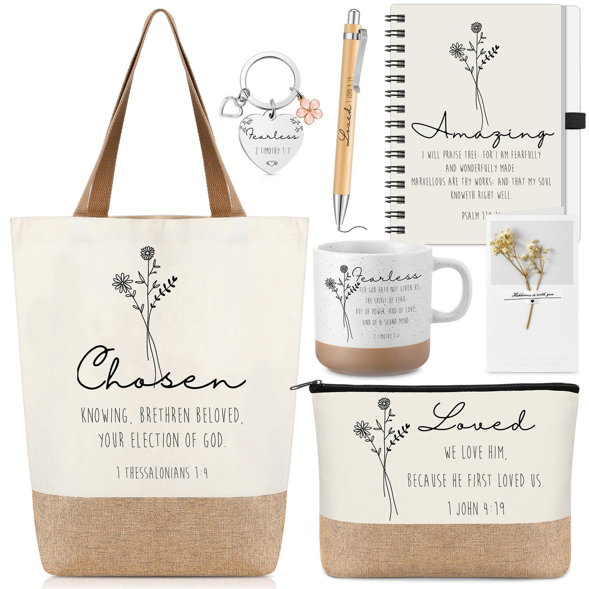Suclain 7 Pcs Christian Religious Gifts, Spiral Notebook, Coffee Mug, Bible Bag, Ballpoint Pen, Makeup Bag, Inspirational Keychain for Women Easter Birthday Graduation Appreciation Gift(Inspirational)