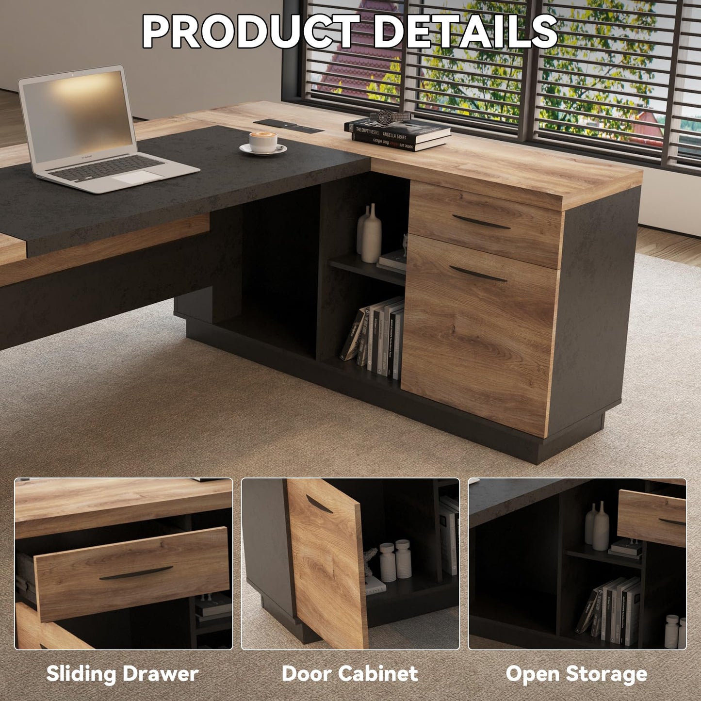 SAINTCY L-Shaped Executive Desk, 78.74 Inches Large Office Desk, Modern Computer Table Set with Drawers & Storage Shelves, Business Workstation for Home Office, Left Return