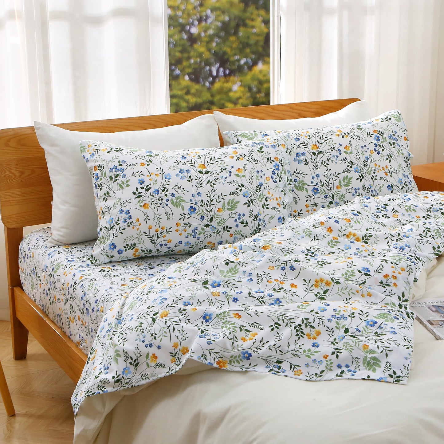 Viviland Queen Bed Sheet Set - 4 Piece Double Brushed Microfiber Bedding - Deep Pocket Up to 15", Ultra Soft, Breathable & Wrinkle Resistant Skin-Friendly Cooling Sheets for Adult - Sunlit Field(Q)