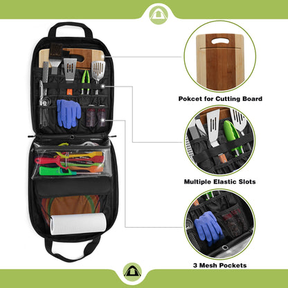HODRANT Hanging Camp Utensil Organizer with Towel Paper Holder, Portable Camping Kitchen Cookware Bag for Knives, Forks, Spoons & More, Outdoor Cooking Tools Storage Box for Travel & Hiking, Bag Only