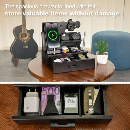 TESLYAR Wood Phone Docking Station with Drawer - Nightstand Organizer - Desk Organizer for Husband - Birthday Gifts for Men, Dad, Anniversary Idea, Key Holder Stand Watch & Accessories (Fumed Black)