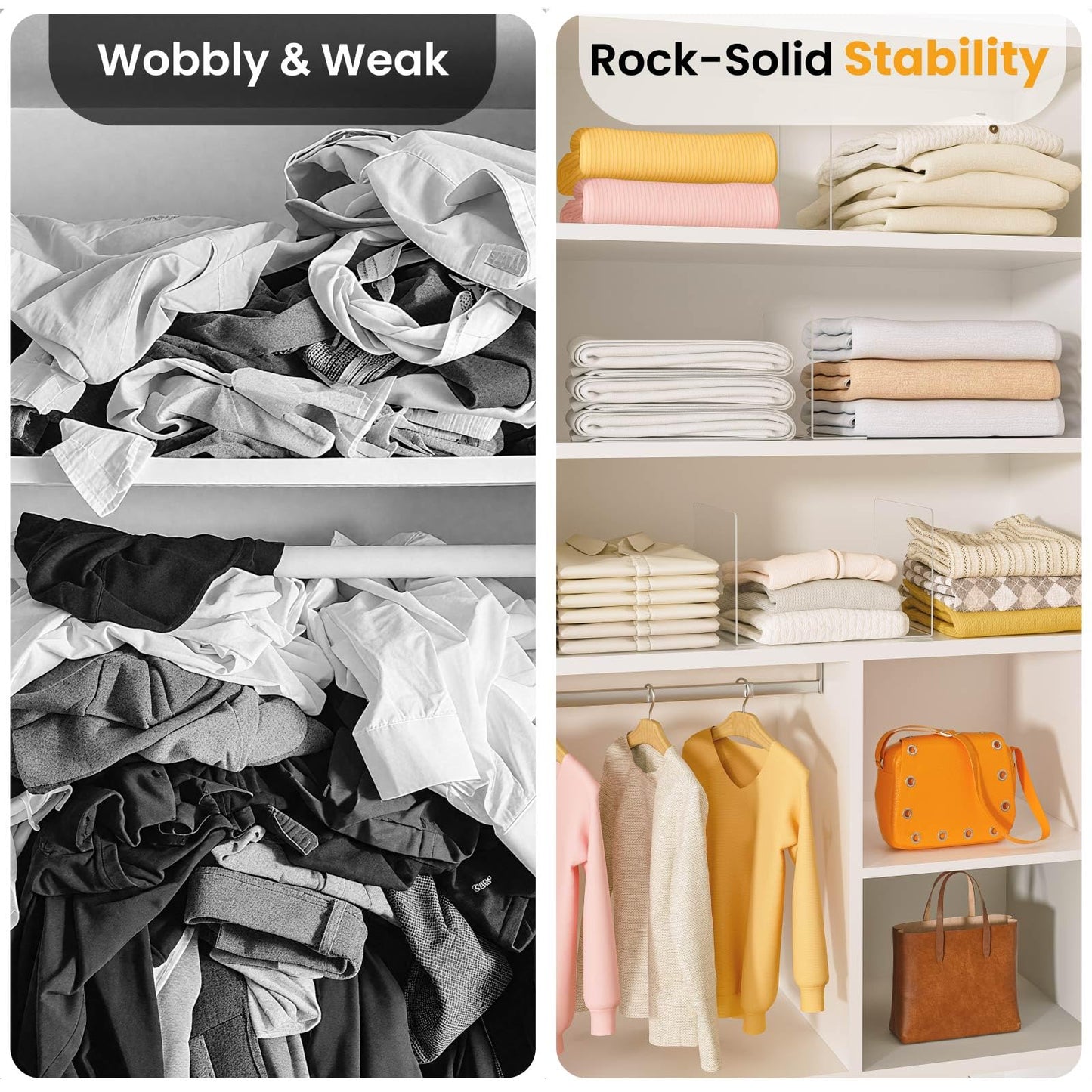 Hotbird Shelf Dividers for Closet Organization – Acrylic Clear Sturdy Dividers to Keep Clothes, Sweaters & Purses Upright, Free-Standing for Wood Shelves, 10" Tall x 12" Deep, 10 Pack