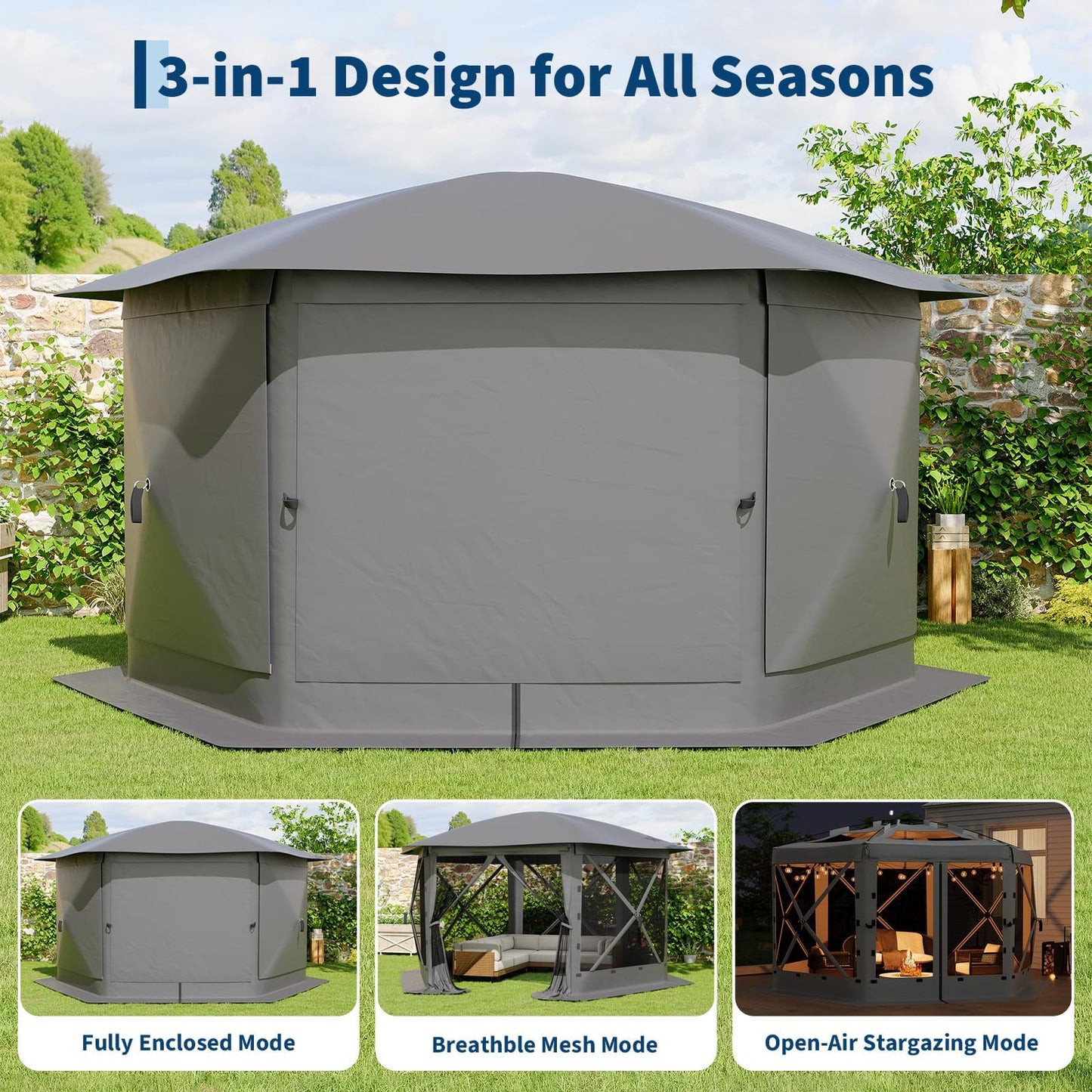 GarveeLife 11.5x11.5FT 6-Sided Pop Up Gazebo Tent，One-Push Setup Canopy Tent with Mesh Panels & Removable Wind Cloths, Outdoor shelter for Camping, Backyard Parties, Outdoor Events - Grey