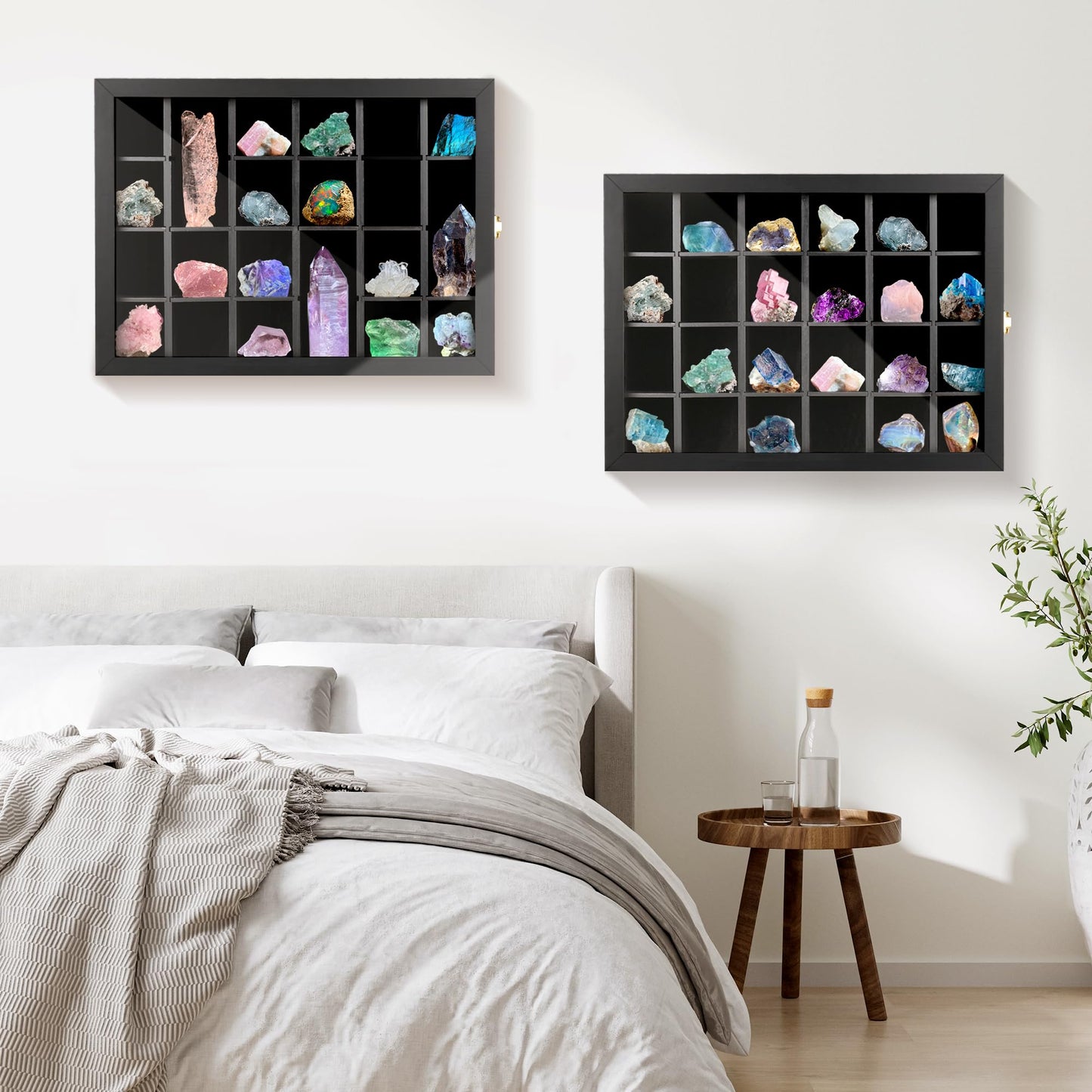 Adjustable Rock Display Case Wall Mounted, Crystal Collection Box with Shelves, Wooden Rock Collection Box for Kid and Collectibles