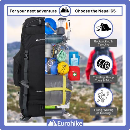 Eurohike Nepal 65 Litre Rucksack with Ventilated Back Panel & Padded Harness, 65L Backpack, Bag for Men & Women, Adjustable, Lightweight, Camping, Hiking, Trekking, Travelling, Outdoors, Black