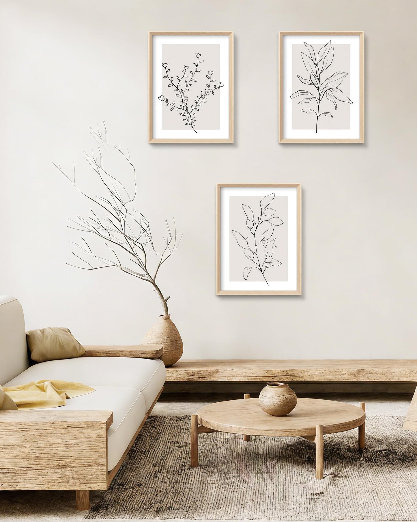 HesenDot 12x16in Botanical High Framed Wall Art Set of 3, Minimalist Line Drawing Plant Canvas Prints, Neutral Modern Nature Wall Decor for Living Room Bedroom Bathroom Office