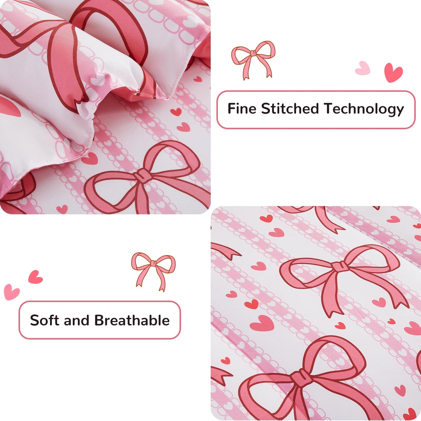Viviland Kids Twin Bedding Sets for Girls, Soft Twin Comforter Set with Sheets, 5 Pieces Microfiber Bed in a Bag, Pink Bow