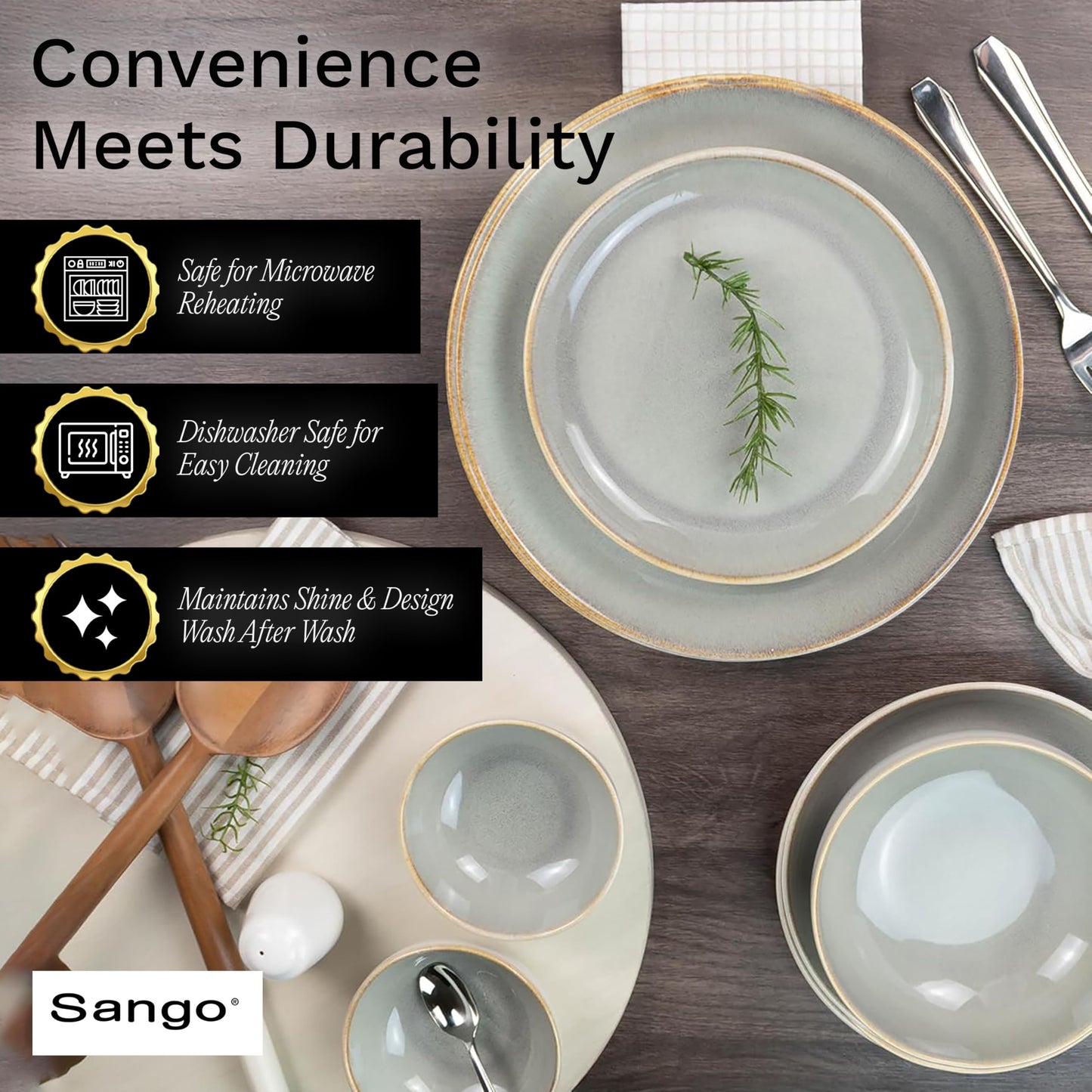 Sango 16-Piece Stoneware Dinnerware Set for 4, Glossy Cream/Green Big Dinner Plates and Bowls Sets with Reactive Glaze, Ceramic Dish Set, Modern Dishes, Microwave & Dishwasher Safe, Resona Moss