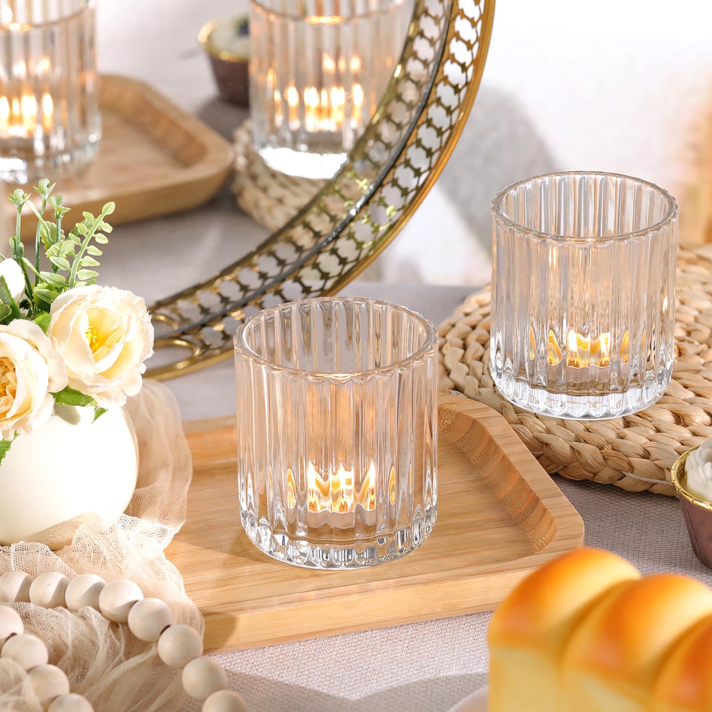 Lanttu 8 Pcs Glass Large Votive Candle Holders, 2.89 * 3.08in Tea Lights Candle Holders for Wedding Table Centerpieces, Boho Home Dinner Birthday Party Decor, Bridal Shower Holiday Decorations