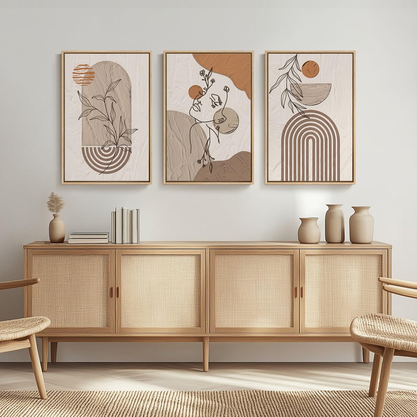 Framed Boho Sage Green Wall Art for Living Room, Large Mid Century Modern Tropical Leaf Canvas Artwork for Walls, 3 Piece Beige Orange Bohemian Wall Art Prints for Bedroom Kitchen Hallway, 16x24 Inch