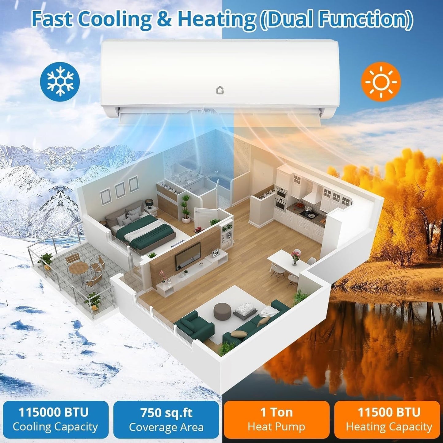 11,500 BTU Mini Split Air Conditioners, Heating & Cooling System, 115V, 17 SEER2, Ductless Inverter AC Unit with WiFi, Remote & App Control, Cools Rooms Up to 750 Sq.Ft, Indoor & Outdoor Units