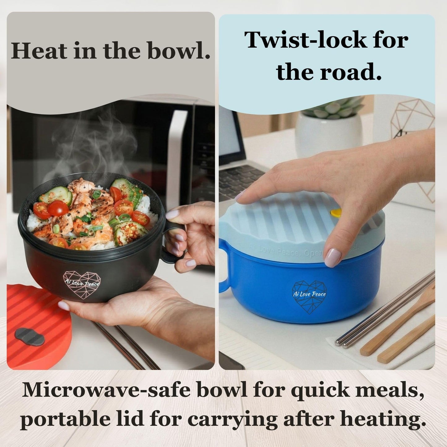 AI LOVE PEACE Ramen Bowls, 40 oz Large Microwavable Noodle Bowls (1 Blue, 1 Red) with Chopsticks, Sporks, and Utensil Bag, Portable Microwave Bowl for Home, Office, Dorm, or College Gift.