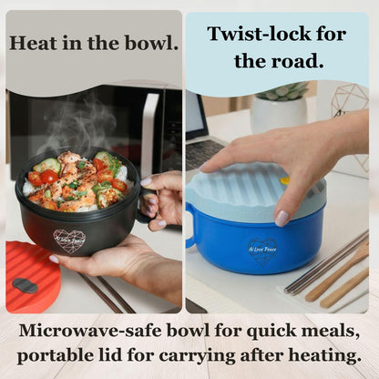 AI LOVE PEACE Ramen Bowls, 40 oz Large Microwavable Noodle Bowls (1 Blue, 1 Red) with Chopsticks, Sporks, and Utensil Bag, Portable Microwave Bowl for Home, Office, Dorm, or College Gift.
