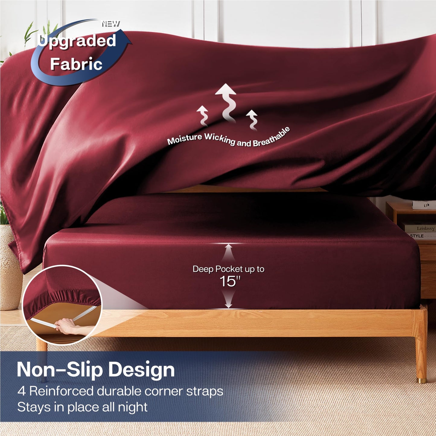MR&HM Full Size Bed Sheets, 4-Piece Cooling Sheets, Rayon Derived from Bamboo & Polyester Blend, Soft & Silky, 15" Deep Pockets with Elastic Straps, Hotel Luxury for Hot Sleepers, Burgundy