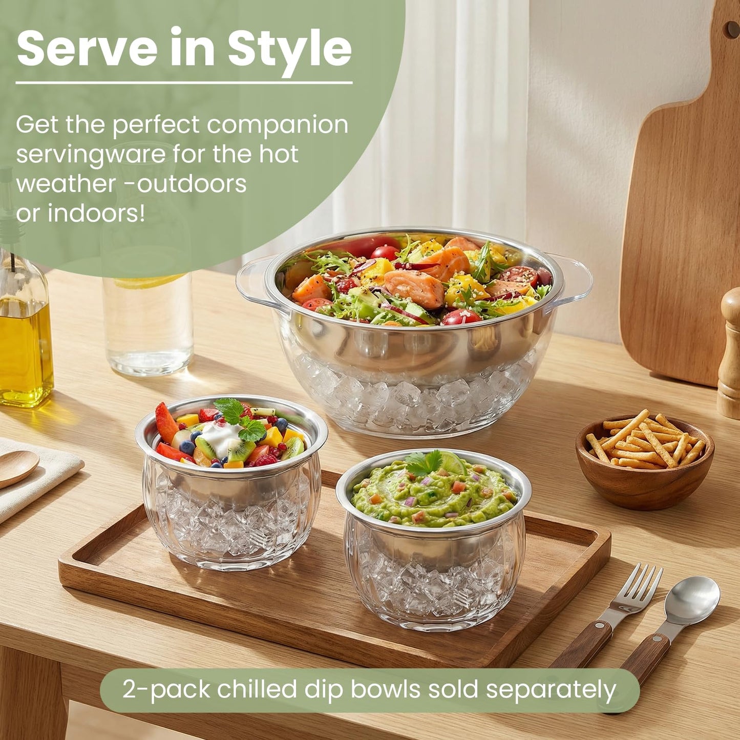 Chillnstay 2-Pack Stainless Steel Chilled Dip Bowls with Lids, Dip Bowls on Ice with Ice Bases, Stainless Steel Spoon and Fork for Salsa, Guacamole, Hummus, Caviar and Appetizers