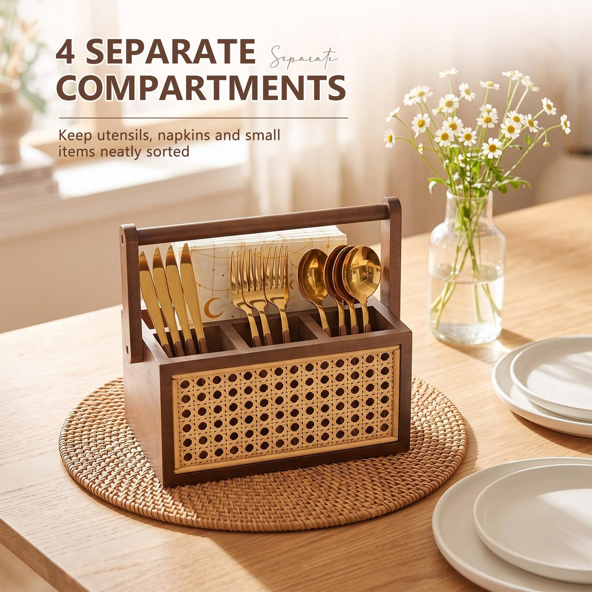 Mifoci Wooden Silverware Caddy with Handle, Wicker Utensil Holder Countertop Cutlery Caddy for Spoons Forks Knives Napkins Plates, Multi Purpose Organizer for Kitchen Office Bathroom Bedroom