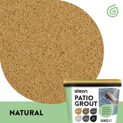 GLEAN Patio Grout | NATURAL | 15kg - 20m² Coverage | Jointing Compound | Brush In Patio Grout For Paving Patios & Block Paving | Self Setting All Weather Application | Ready Mixed