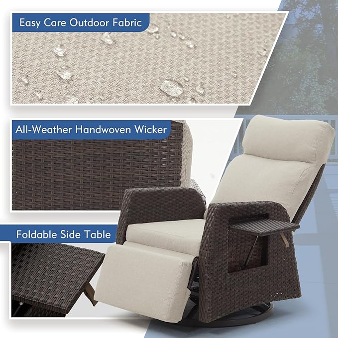 Adjustable Outdoor Recliner Chair with Independent Backrest & Footrest, Patio Swivel Recliner Chair, Wicker Reclining Patio Chair w/Flip-Up Table, Air Pump 155° Lay Flat Chaise Lounge, Beige