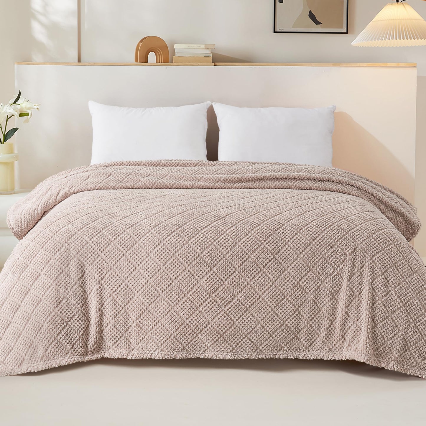 Whale Flotilla Fuzzy Fleece Queen Size Blanket for Bed, Soft Fluffy Jacquard Waffle Blankets for All Season, Lightweight and Cozy, 90x90 Inch, Camel