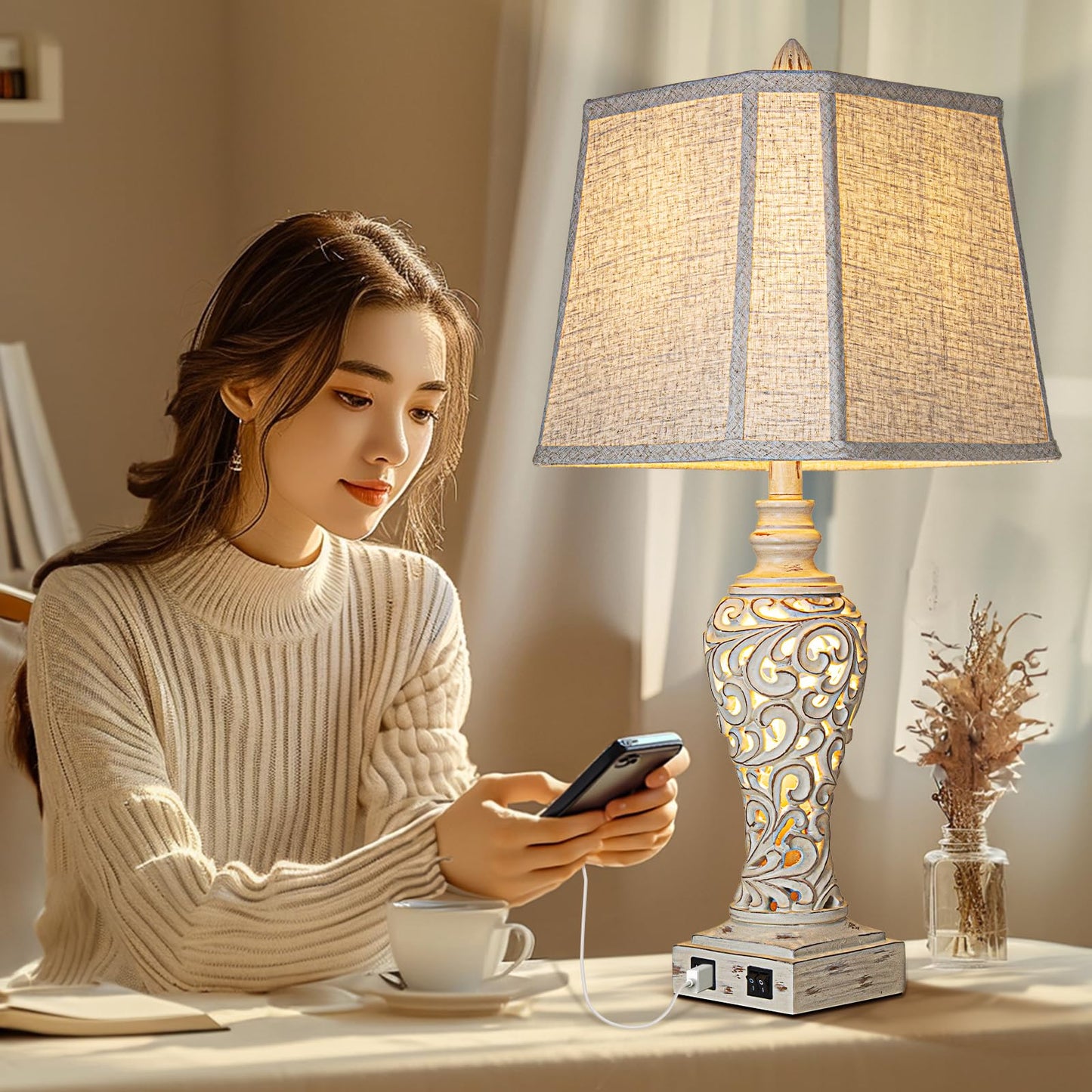 LuxSight Collection 28.5" Table Lamps Set of 2 - Bedside Lamp with Fabric Shades - for Bedroom and Living Room with USB and Nightlight - Perfect for Nightstands and Bedrooms