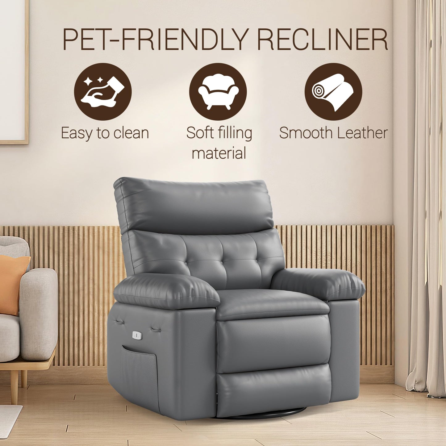 Oversized Recliner Chair with Massage, PU Leather Ergonomic Power Swivel Rocker Recliner with Side Pocket & 1.5X Sponge Filling for Living Room, Nursery, or Bedroom, Grey