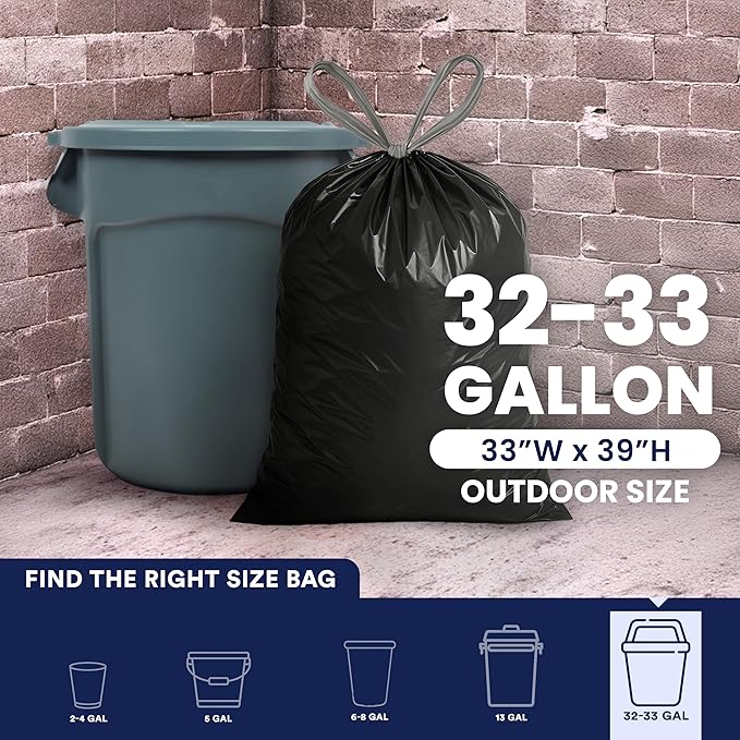 Plasticplace 32-33 Gallon Trash Bags │ 1.2 Mil │ Drawstring Garbage Can Liners