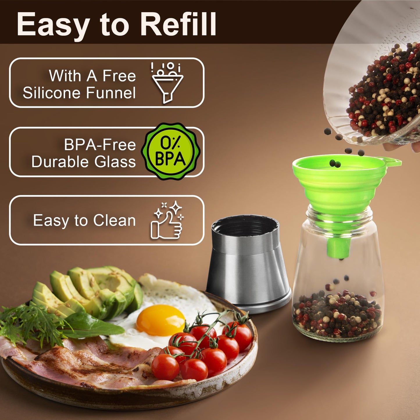 Premium Stainless Steel Salt and Pepper Grinder Set of 4 - Adjustable Ceramic Sea Salt Grinder & Pepper Grinder - Glass Salt and Pepper Shakers - Pepper Mill & Salt Mill W/Funnel