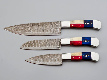 Professional Damascus Chef Knife Set 3 Pcs Custom Handmade Set with Leather Roll - Kitchen Cutlery Set for Home Cooks & Chefs - Ergonomic Texas Flag Handles - Includes Storage Roll (9019)