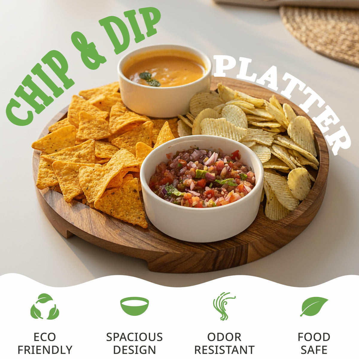 Culina Craftique 11" Wooden Salad Bowl Set — Bundle with 12.2" Chip and Dip Serving Platter — Durable Hosting Essential For Home — Ideal Gift — Includes Serving Utensils and 2 Ceramic Bowls