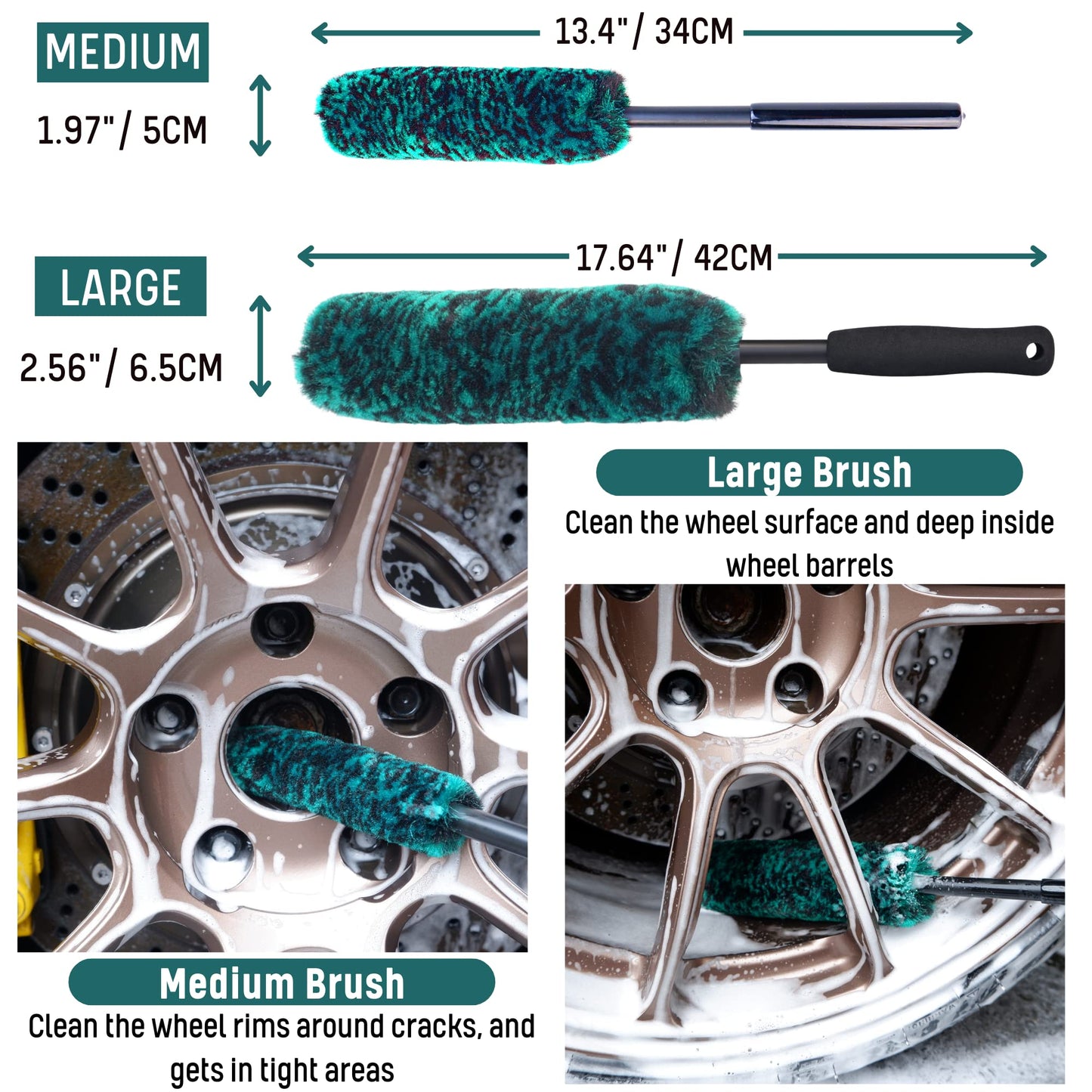 oesee Professional 4 Pack Long Handle Wheel Brush Kit for Cleaning Wheel and Tire- 2X Soft Wheel Cleaning Brush, Detailing Brush and Stiff Tire Brush, Bendable& Durable Wheel Rim Cleaner Brush Set