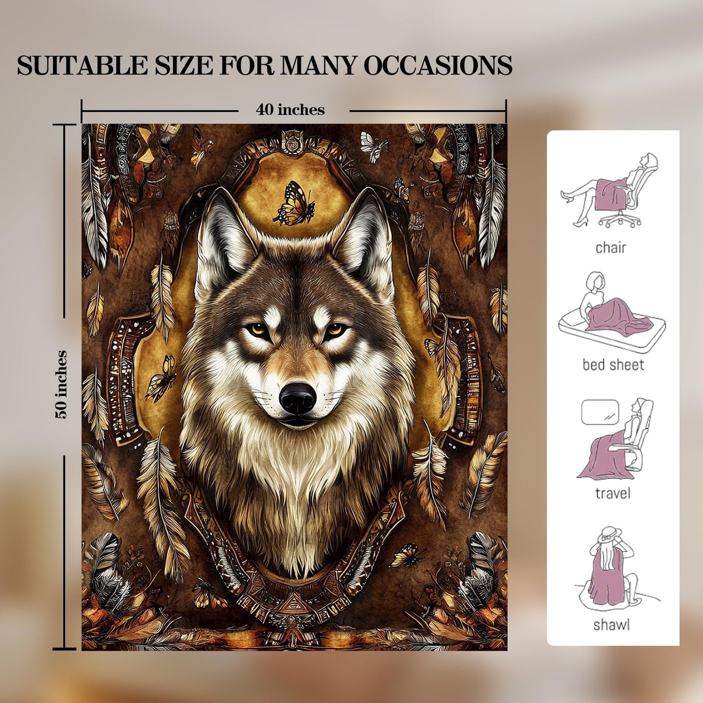 Indian Wolf Blanket Wolf Fleece Throw Blanket Super Soft Fuzzy Plush Cozy Warm Wolves Decor Stuffed Bedding Blankets Gift for Boys Girls Men Women Kids & Adult 50"x40"