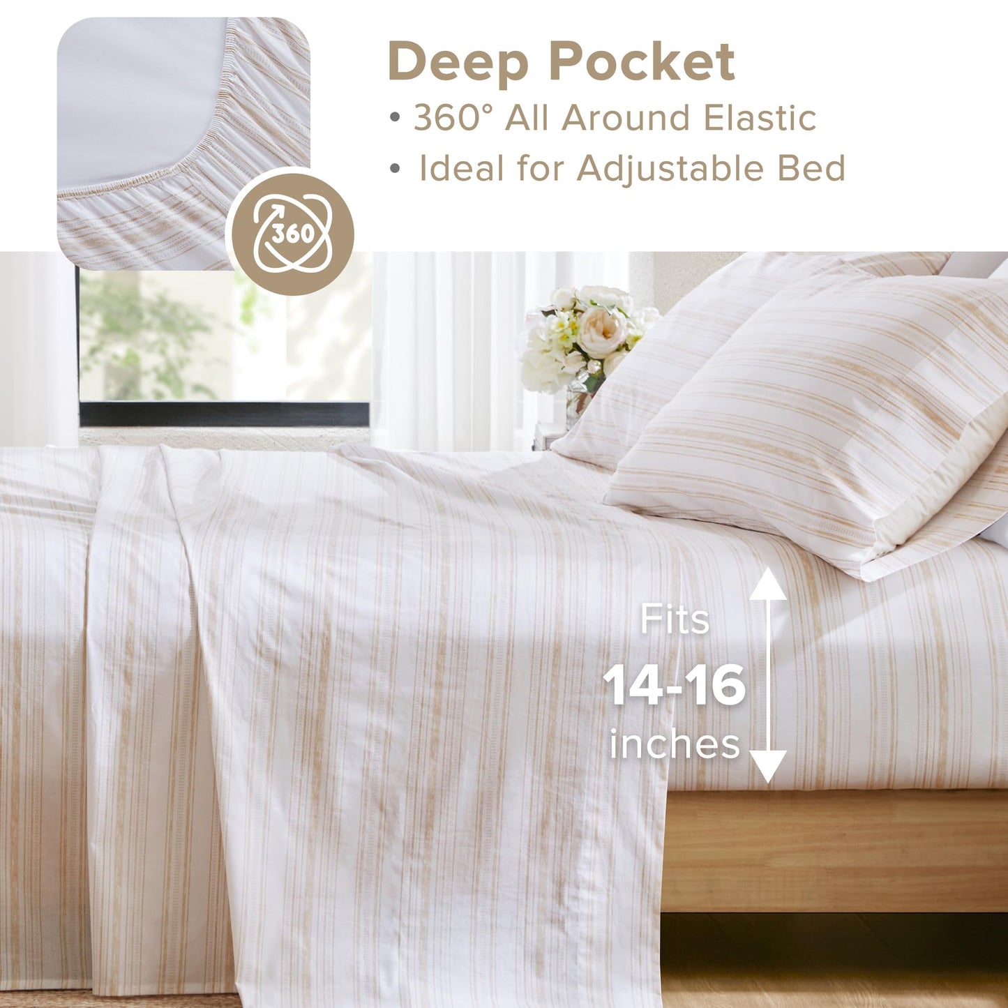 Comfort Spaces 100% Cotton Sheets Full, Breathable, Naturally Cool Cotton Sheets, Cotton Bed Sheets with 14" Elastic Pocket Fits up to 16" Mattress, All Seasons Sheet Set, Good Vibes Taupe 4 Piece
