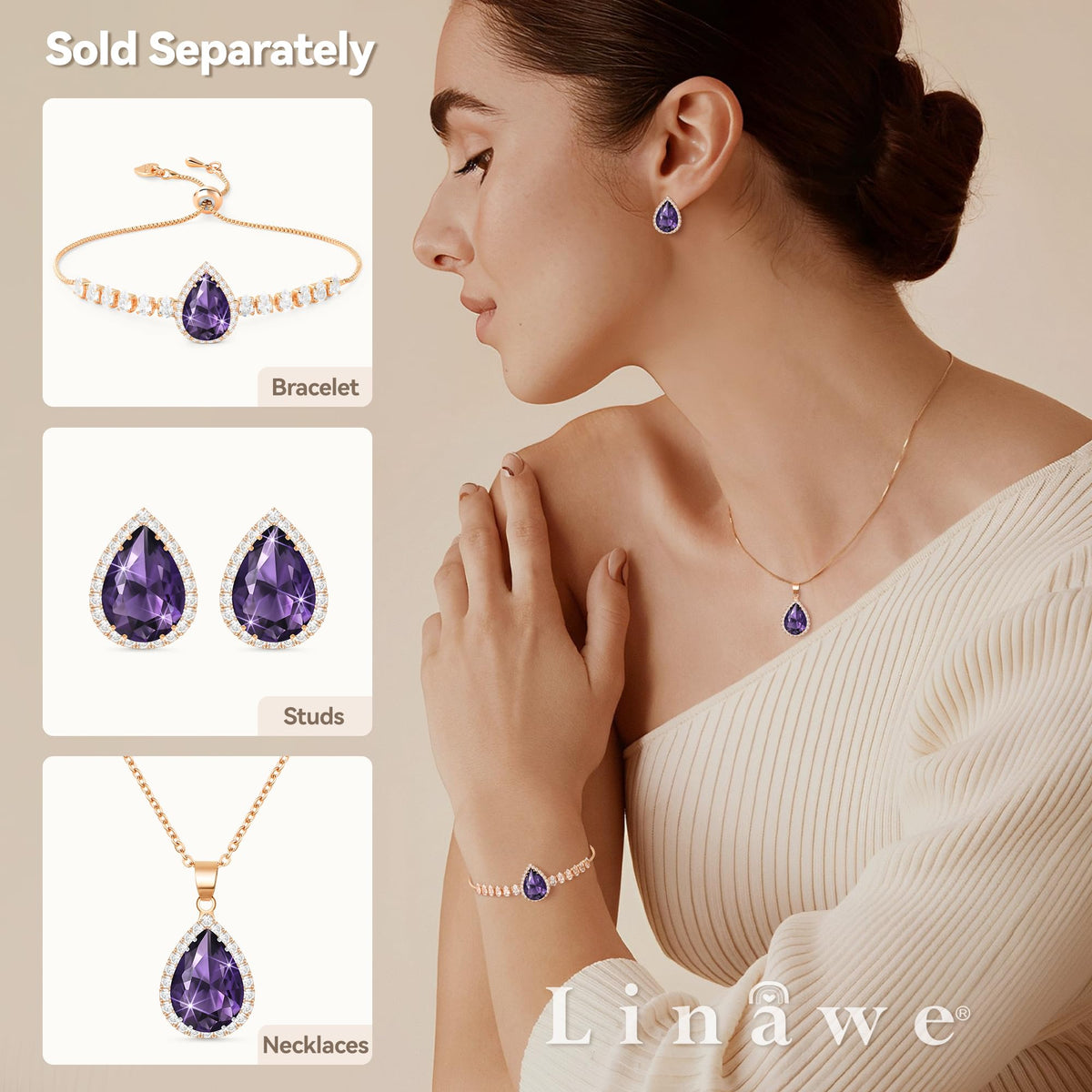 Linawe Purple Earrings Studs, Imitation Diamond Stud Earrings for Women, Cubic Zirconia Teardrop Rhinestone Crystal Piercing Jewelry Rose Gold, Wedding Brial Bridesmaid Costume Earring Set