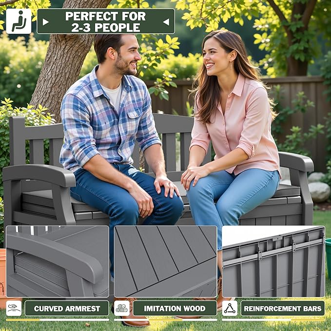 Flamaker 80 Gallon Storage Bench with Cushions Outdoor Indoor, Durable All-Weather Seating with Hidden Storage, Lockable Deck Box for Garden, Patio, Poolside (Grey)