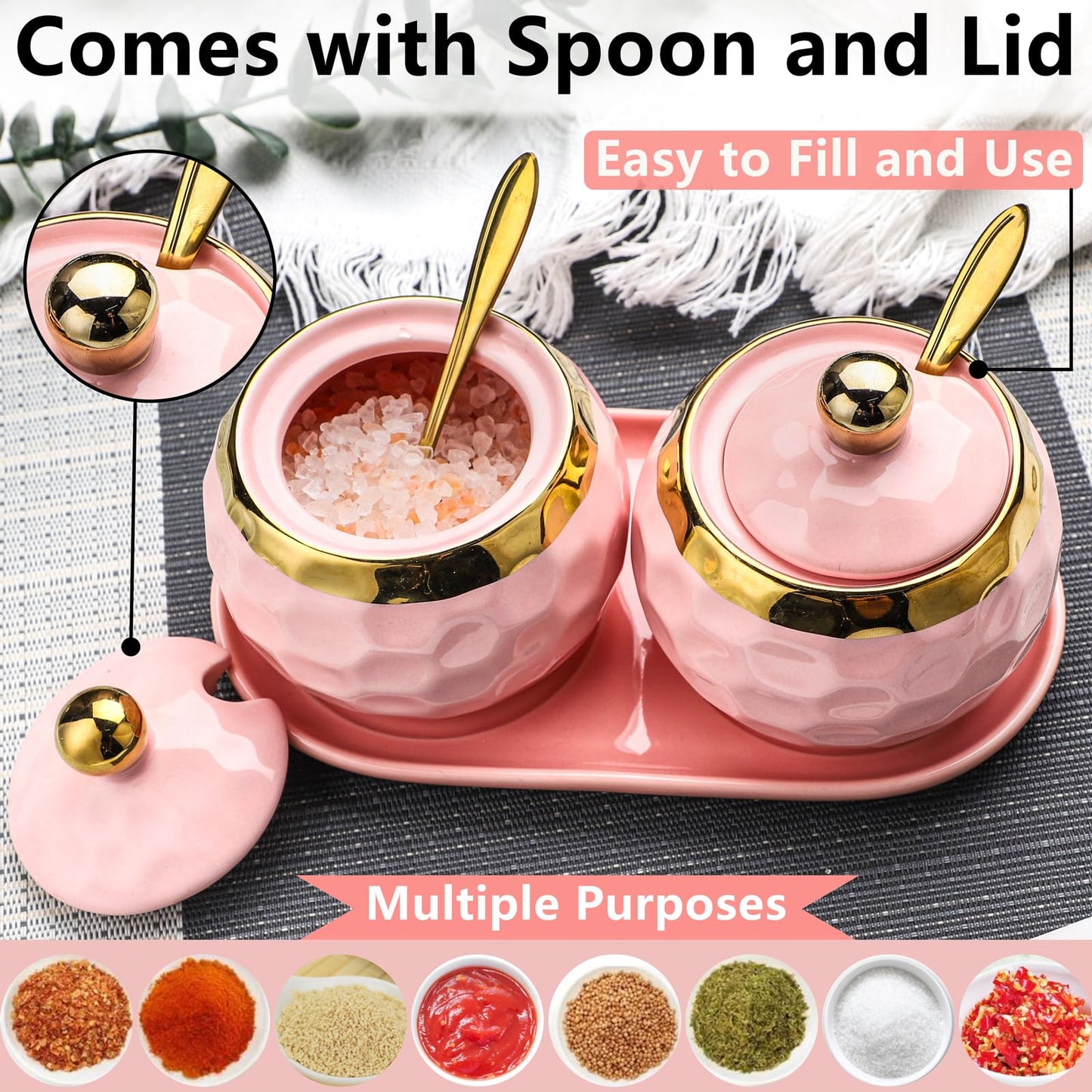 Sailench 10oz Ceramic Sugar Bowl, Golf Design Porcelain Salt Bowl Salt Container Sugar Bowl with Lid and Spoon for Home and Kitchen Coffee Bar (Pink (2pcs))