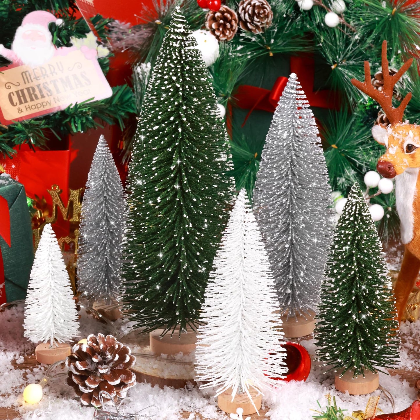 6pcs Mini Christmas Trees Decorations Small Bottle Brush Trees,Artificial Tabletop Christmas Tree for Indoor Outdoor Home Room Party Gift (Green, Silver, White)