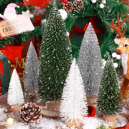 6pcs Mini Christmas Trees Decorations Small Bottle Brush Trees,Artificial Tabletop Christmas Tree for Indoor Outdoor Home Room Party Gift (Green, Silver, White)