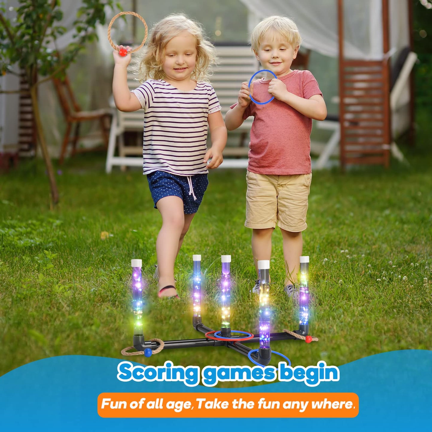 Outdoor Games for Kids 3-12: FunforFun! LED Ring Toss Game with 18 Rings Boys Girls Toys Age 5 6 7 8 9 Yard Games for Family Outside Toys for 10 11 12 13 14 Years Old Boys Gifts for Kid Age 8-12