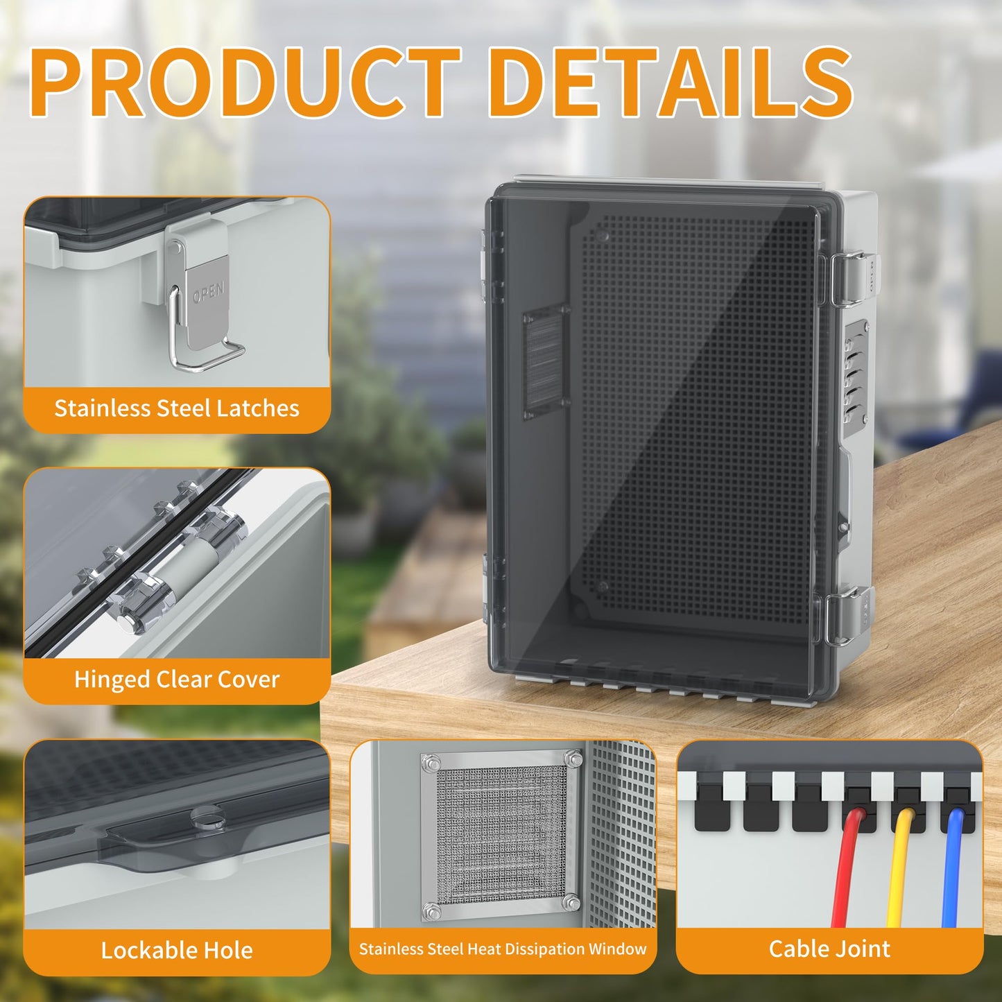 Joinfworld Outdoor Electrical Box, Waterproof Electrical Box WiFi Enclosure 11.8x6.7x5.6 Vented Electric Box Plastic Clear with Mounting Panel Cable Grommet Stainless Steel Dust Screen