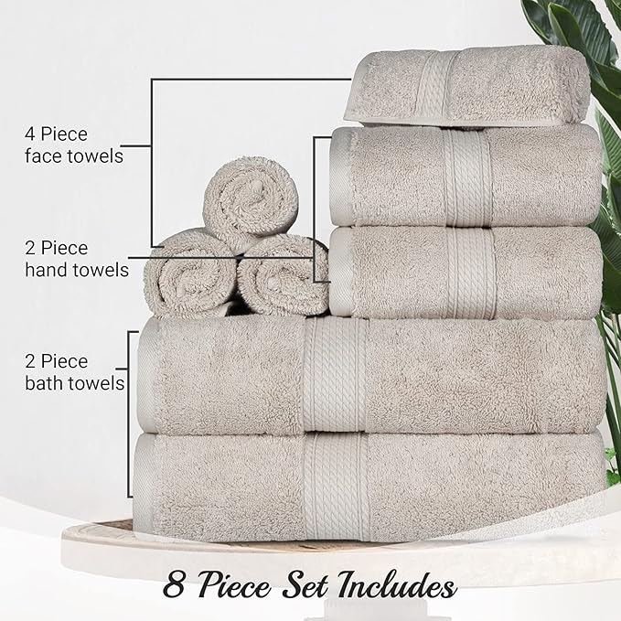 SUPERIOR Egyptian Cotton Pile 8 Piece Towel Set, Includes 2 Bath, 2 Hand