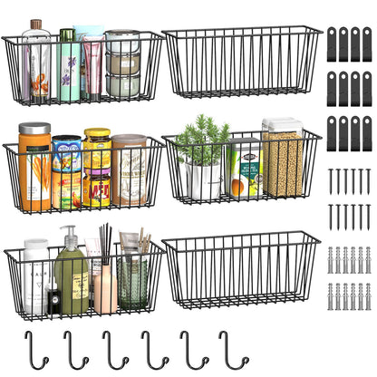 Simple Trending 6 Pack Wire Basket Wall Mount Baskets Hanging Baskets, Cabinets Organizer and Storage with Hooks for Kitchen, Garage and Bathroom