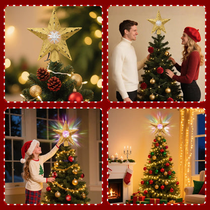 Gold Rotating Christmas Tree Topper Star with RGB LED Lights, 3D Crystal Diamond Center, Spinning Projection, Glitter Design Tree Decor with Power Cord for Holiday, Party, Christmas Celebration